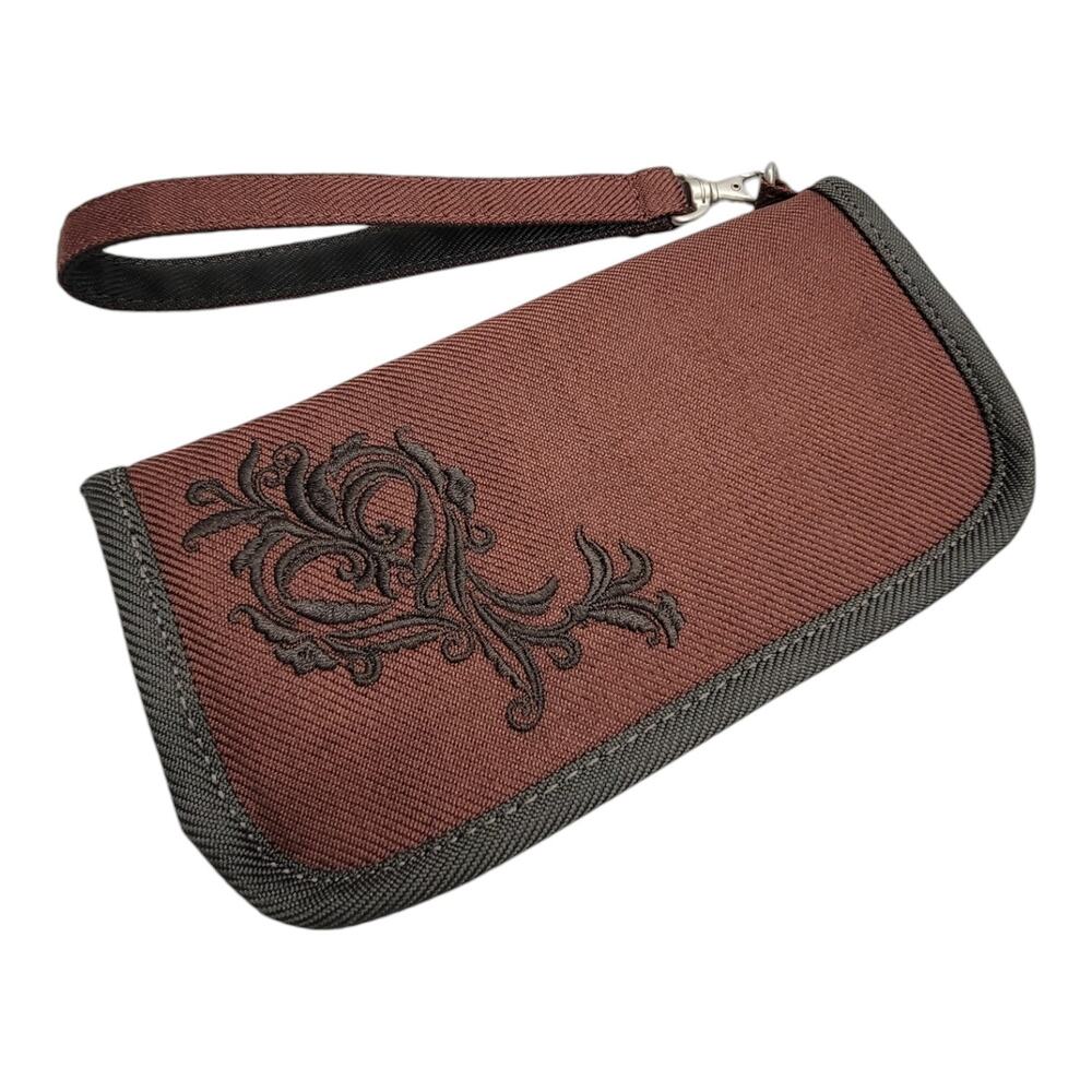 REI Zip Around Wallet Wristlet Brown Canvas Embroidered Clutch Card Holder